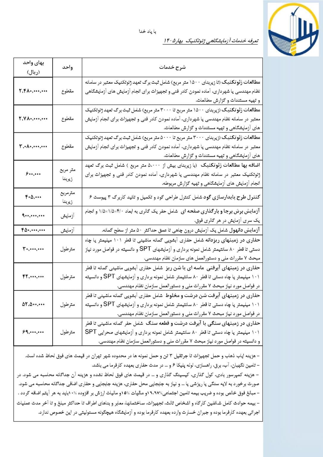تعرفه آزمایشگاه خاک